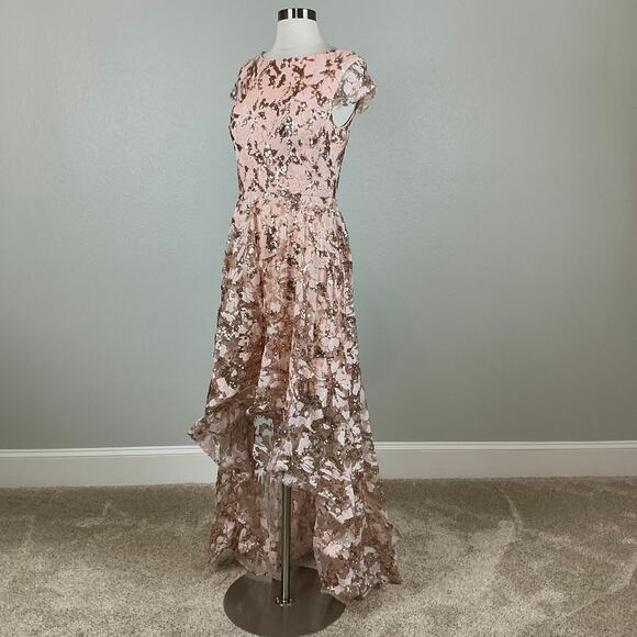 Eliza J Women's Sequined Lace High Low Backless Gown Pink Size 8 Short Sleeve - Picture 5 of 14